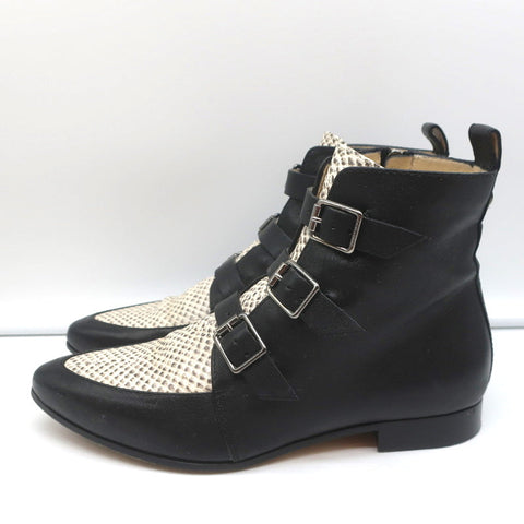 Jimmy Choo Ankle Boots Marlin Cream Snake Print & Black Leather Size 37
