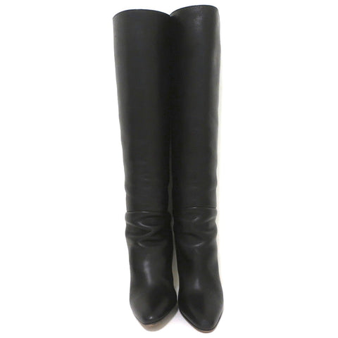 Hermes Knee High Boots Brown-Trimmed Black Leather Size 36 High Heel