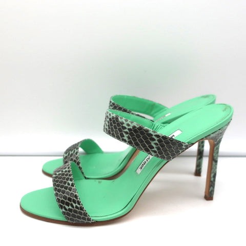 Manolo Blahnik Muluca Double-Band Slide Sandals Mint Snakeskin Size 38.5
