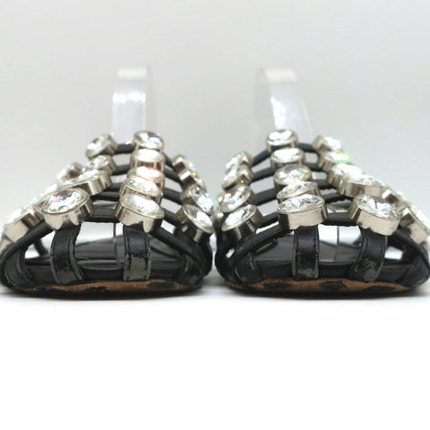 Alexander Wang Amelia Crystal-Studded Mules Black Leather Size 39 Caged Sandals