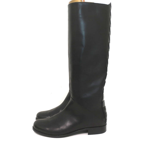 Fendi Riding Boots Black Croc-Trim Leather Size 36 Flat Knee High Boots