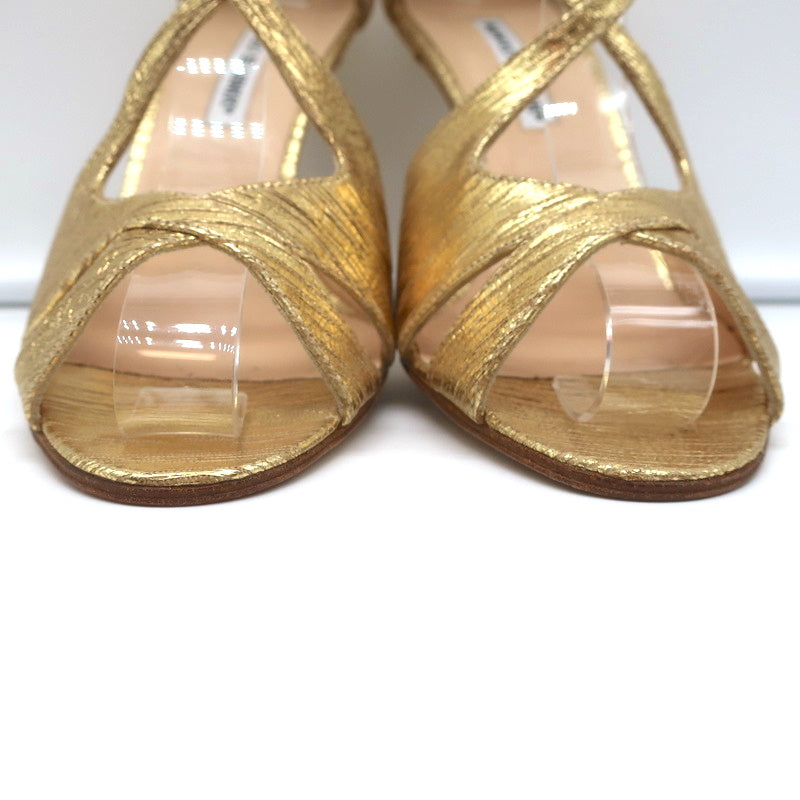 Manolo Blahnik Crisscross Sandals Metallic Gold Size 38.5 Peep Toe Heels NEW