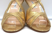 Manolo Blahnik Crisscross Sandals Metallic Gold Size 38.5 Peep Toe Heels NEW
