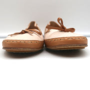 Laced Bow Ballet Flats Very Light Pink Canvas & Tan Leather Size 39.5