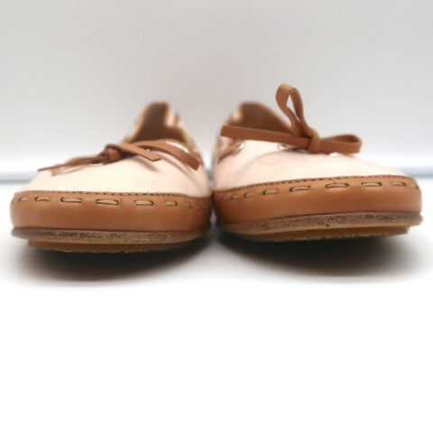 Laced Bow Ballet Flats Very Light Pink Canvas & Tan Leather Size 39.5