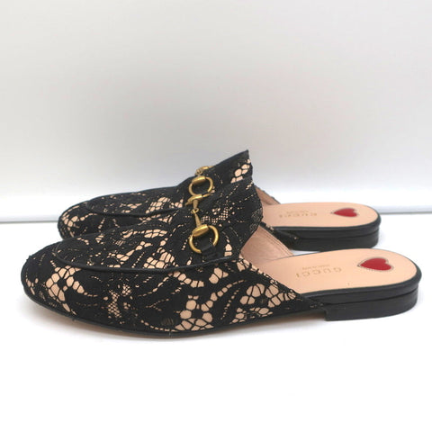 Gucci Princetown Horsebit Loafer Mules Black Lace Size 39