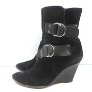 Givenchy Wedge Ankle Boots Black Buckled Suede Size 36.5 Pointed Toe