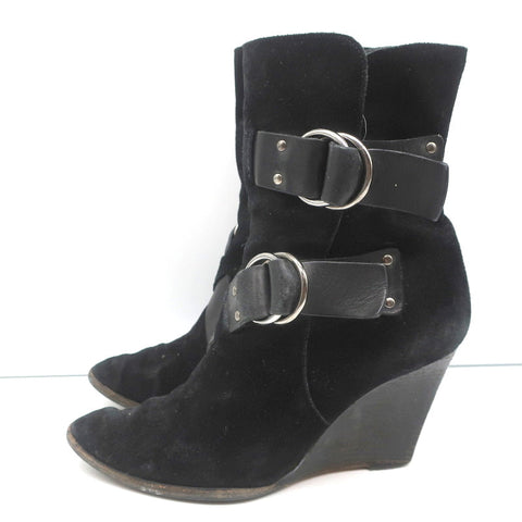 Givenchy Wedge Ankle Boots Black Buckled Suede Size 36.5 Pointed Toe