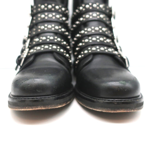 Maje Buckled Ankle Boots Black Studded Leather Size 37 Biker Boots