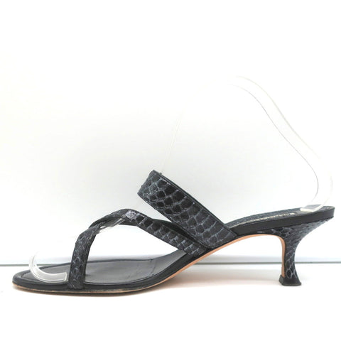 Manolo Blahnik Susa Thong Sandals Black Snakeskin Size 38.5 Kitten Heel Slides