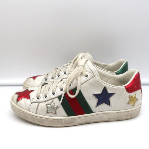 Gucci Ace Stars Low Top Sneakers White & Metallic Leather Size 36