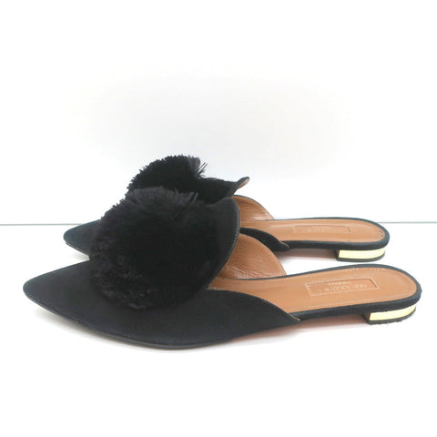 Aquazzura Powder Puff Pom Pom Mules Black Suede Size 38.5 Pointed Toe Flats