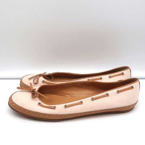 Laced Bow Ballet Flats Very Light Pink Canvas & Tan Leather Size 39.5