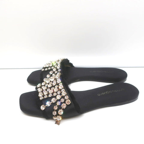 Anna Baiguera Crystal Fringe Slide Sandals Black Satin Size 38 Flat Mules