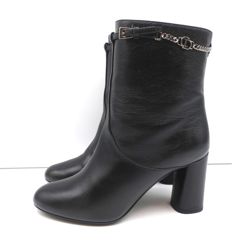 Christian Dior CD Chain Embellished Ankle Boots Black Leather Size 36 High Heel