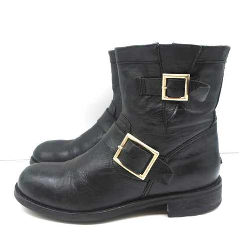 Jimmy Choo Youth Biker Boots Black Leather Size 38 Buckled Ankle Boots