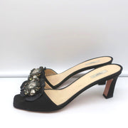 Prada Mules Black Embellished Leather & Faille Size 38 Open Toe Sandals
