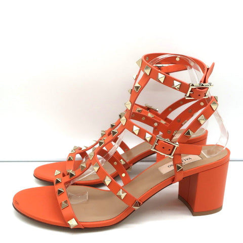 Valentino Rockstud Ankle Strap Sandals Orange Leather Size 40 Open Toe Heels NEW