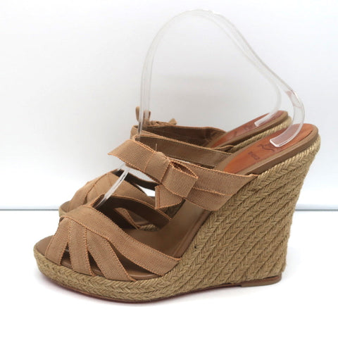 Christian Louboutin Delfin 120 Platform Espadrille Wedges Brown Ribbon Size 40