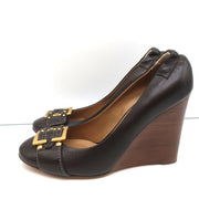 Chloe Buckle Wedge Pumps Dark Brown Leather Size 40