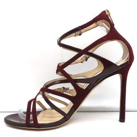 Jimmy Choo Strappy Sandals Burgundy Patent & Suede Size 39 Open Toe Heel NEW