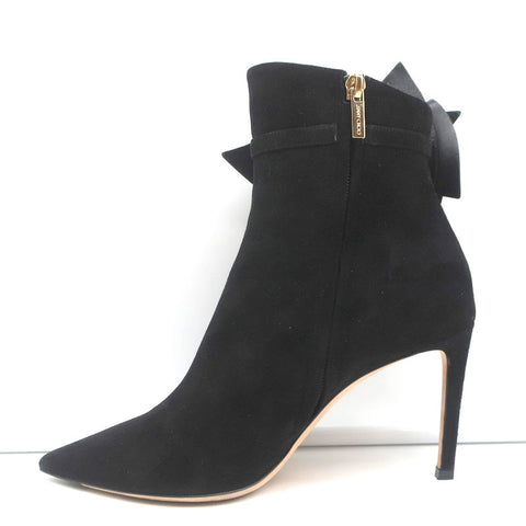Jimmy Choo Kassidy Bow Ankle Boots Black Suede Size 39 Pointed Toe High Heel