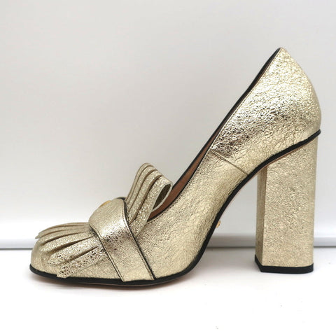 Gucci GG Marmont Fringed Pumps Gold Metallic Cracked Leather Size 36.5