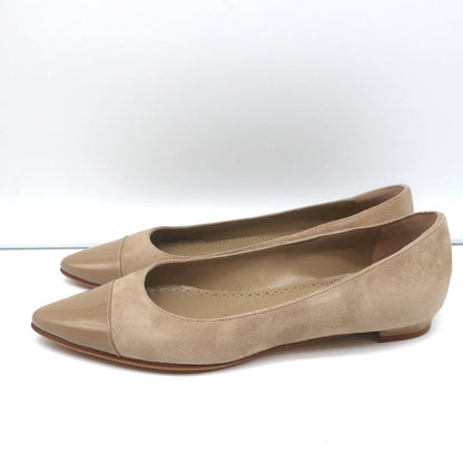 Manolo Blahnik Bipunta Cap Toe Flats Taupe Suede & Patent Leather Size 36 NEW