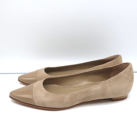 Manolo Blahnik Bipunta Cap Toe Flats Taupe Suede & Patent Leather Size 36 NEW