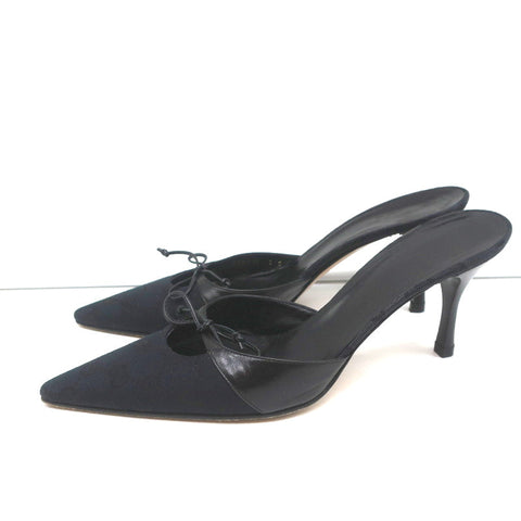 Gucci Bow Mules Black Monogram Canvas & Leather Size 8 Pointed Toe Heels