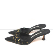 Manolo Blahnik Studded Mules Balu Black Perforated Leather Size 36.5 Kitten Heel
