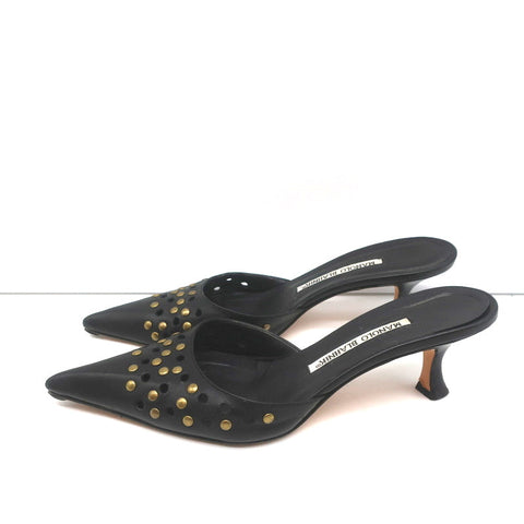 Manolo Blahnik Studded Mules Balu Black Perforated Leather Size 36.5 Kitten Heel