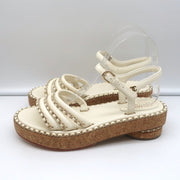 Cork Platform Sandals Cream Chain-Trim Leather Size 37.5 CC Ankle Strap
