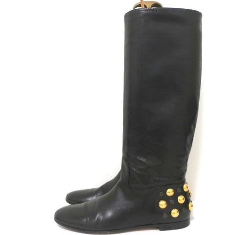 Gucci Babouska Studded Heel Knee High Boots Black Leather Size 38.5