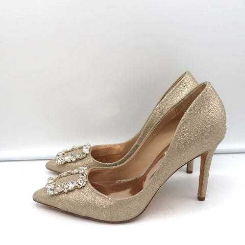 Badgley Mischka Cher Crystal Buckle Pumps Gold Glitter Satin Size 8