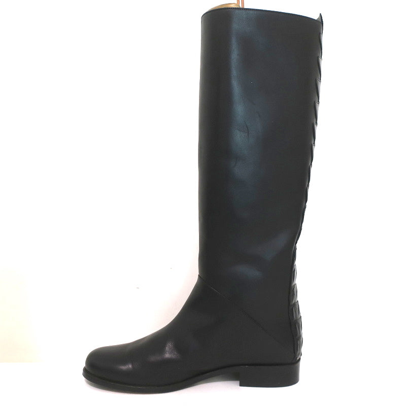 Fendi Riding Boots Black Croc-Trim Leather Size 36 Flat Knee High Boots