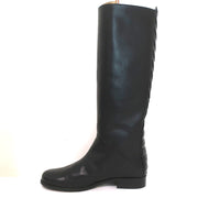 Fendi Riding Boots Black Croc-Trim Leather Size 36 Flat Knee High Boots