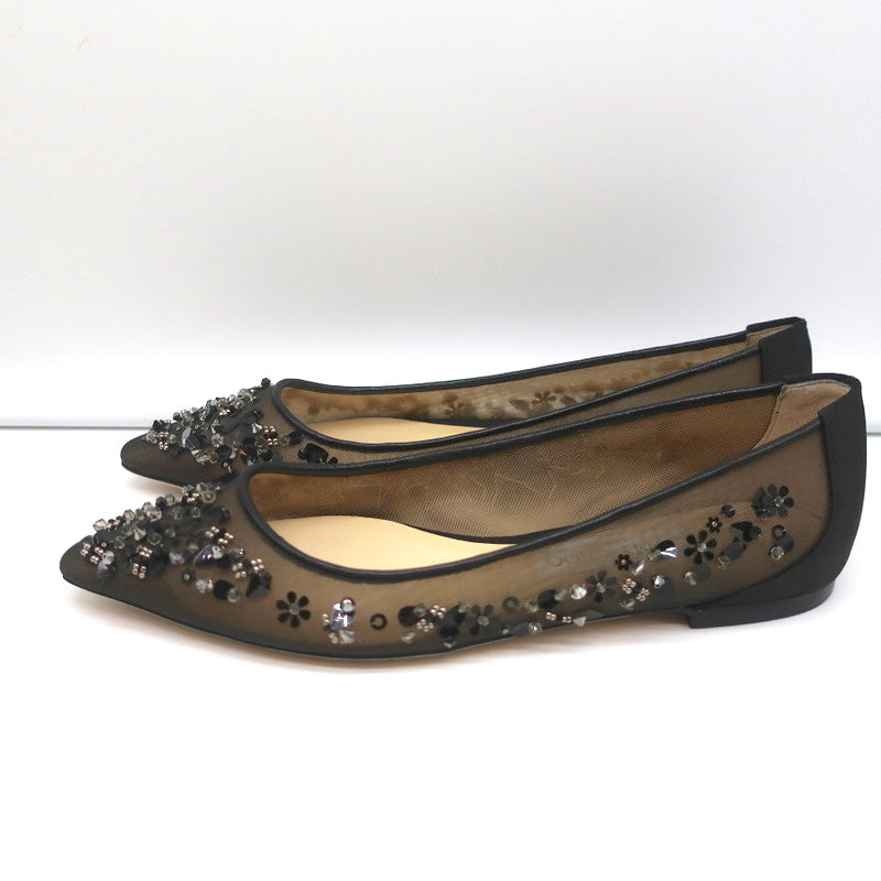 Jimmy Choo Romy Flats Black Embellished Mesh & Satin Size 37 NEW