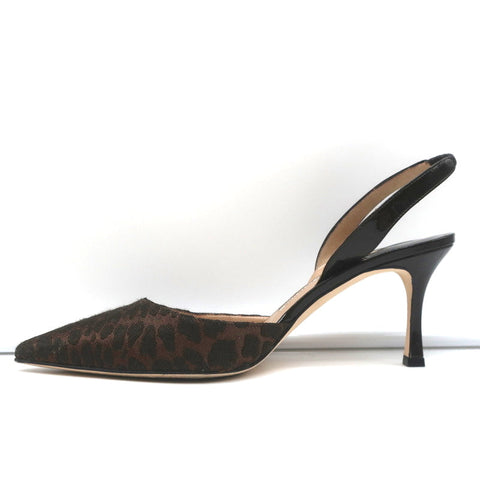 Manolo Blahnik Carolyne Slingback Pumps Leopard Jacquard & Patent Size 38.5