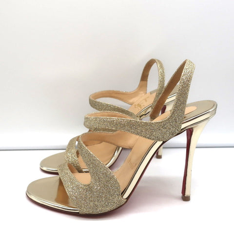Christian Louboutin Vavazou Asymmetric Sandals Gold Glitter & Leather Size 38