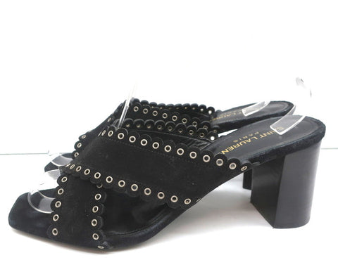 Saint Laurent Loulou Slide Sandals Black Eyelet-Trim Suede Size 39.5 High Heel