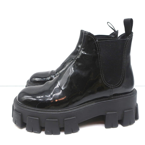Prada Monolith Chelsea Boots Black Patent Leather Size 36