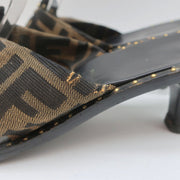 Fendi Zucca Thong Sandals Brown with Black Leather Size 36.5 Kitten Heel Slides