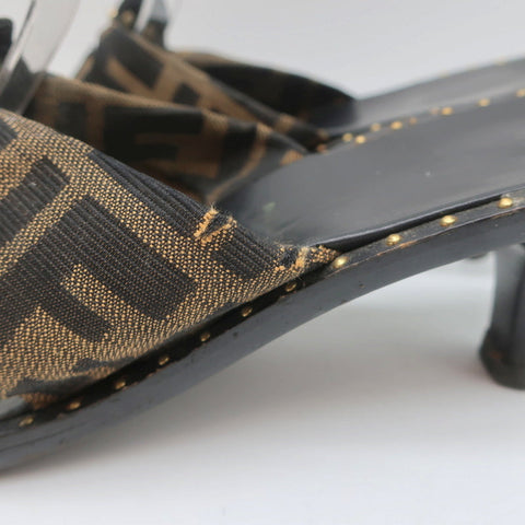 Fendi Zucca Thong Sandals Brown with Black Leather Size 36.5 Kitten Heel Slides