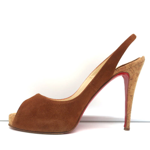 Christian Louboutin No Prive Cork Slingback Sandals Brown Suede Size 41.5