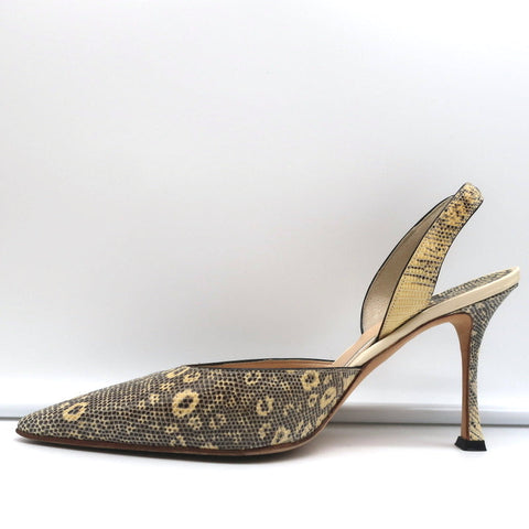 Manolo Blahnik Carolyne Slingback Pumps Ivory Lizard Size 38.5 Pointed Toe Heels