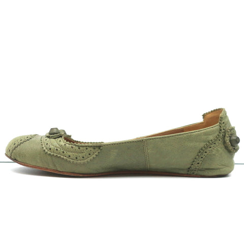 Balenciaga Brogue Studded Ballet Flats Sage Arena Leather Size 38