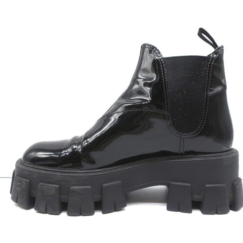 Prada Monolith Chelsea Boots Black Patent Leather Size 36