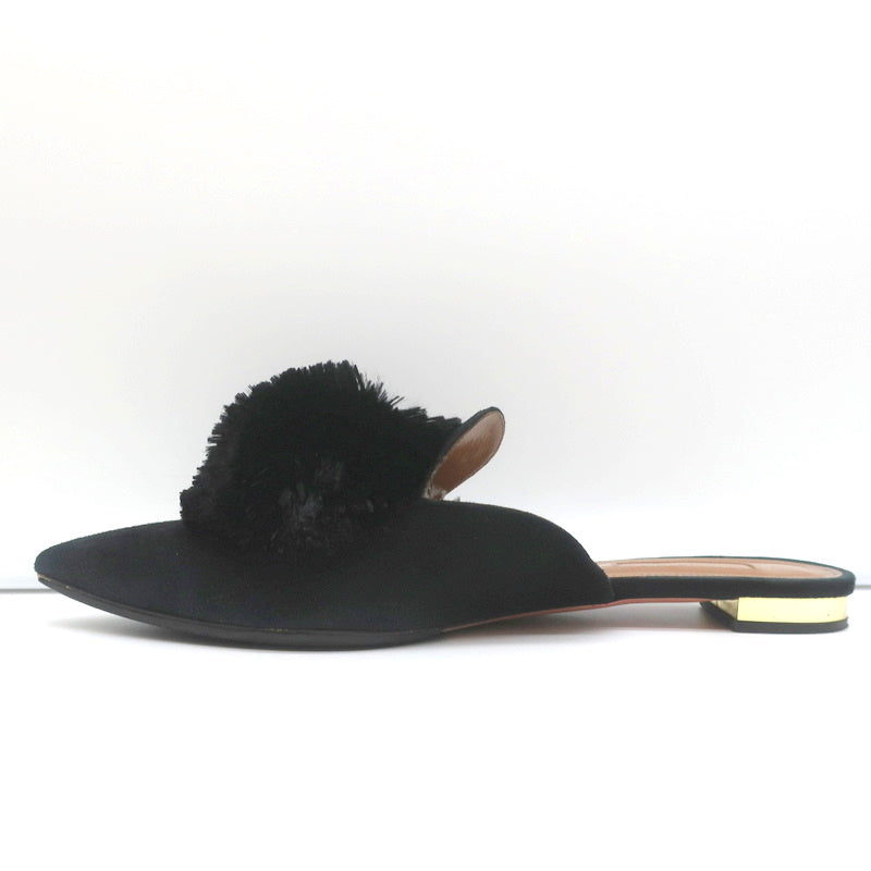Aquazzura Powder Puff Pom Pom Mules Black Suede Size 38.5 Pointed Toe Flats