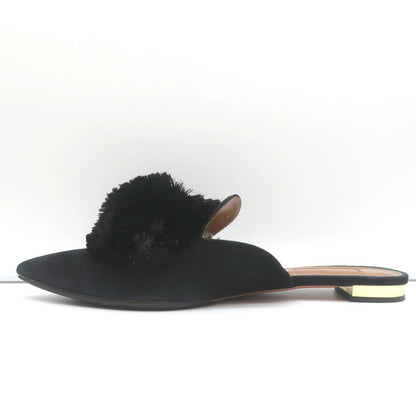 Aquazzura Powder Puff Pom Pom Mules Black Suede Size 38.5 Pointed Toe Flats